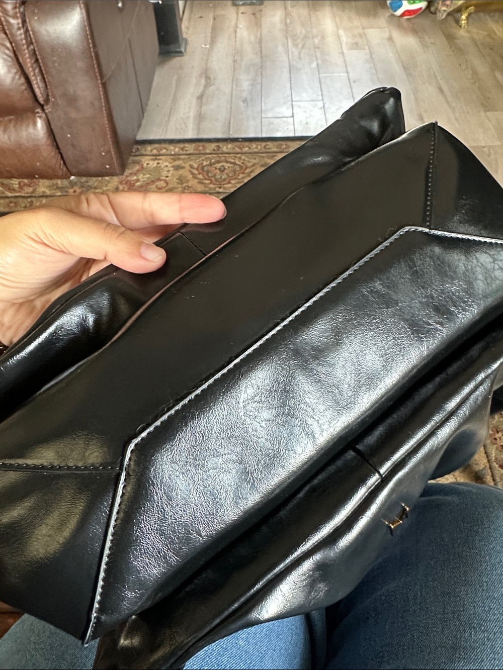 Glossy Black Ruched Tote Bag with Wide Straps - Picture 8 of 9